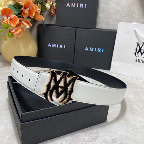 AMIRI Black Gold Logo Buckle White Belt